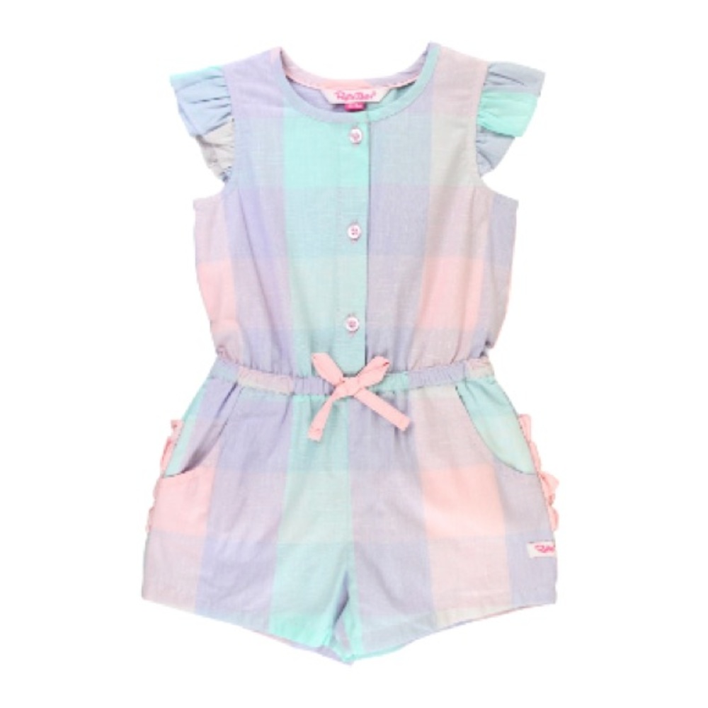 Cotton Candy Plaid Tie Waist Romper by Ruffle Butts, 6Y